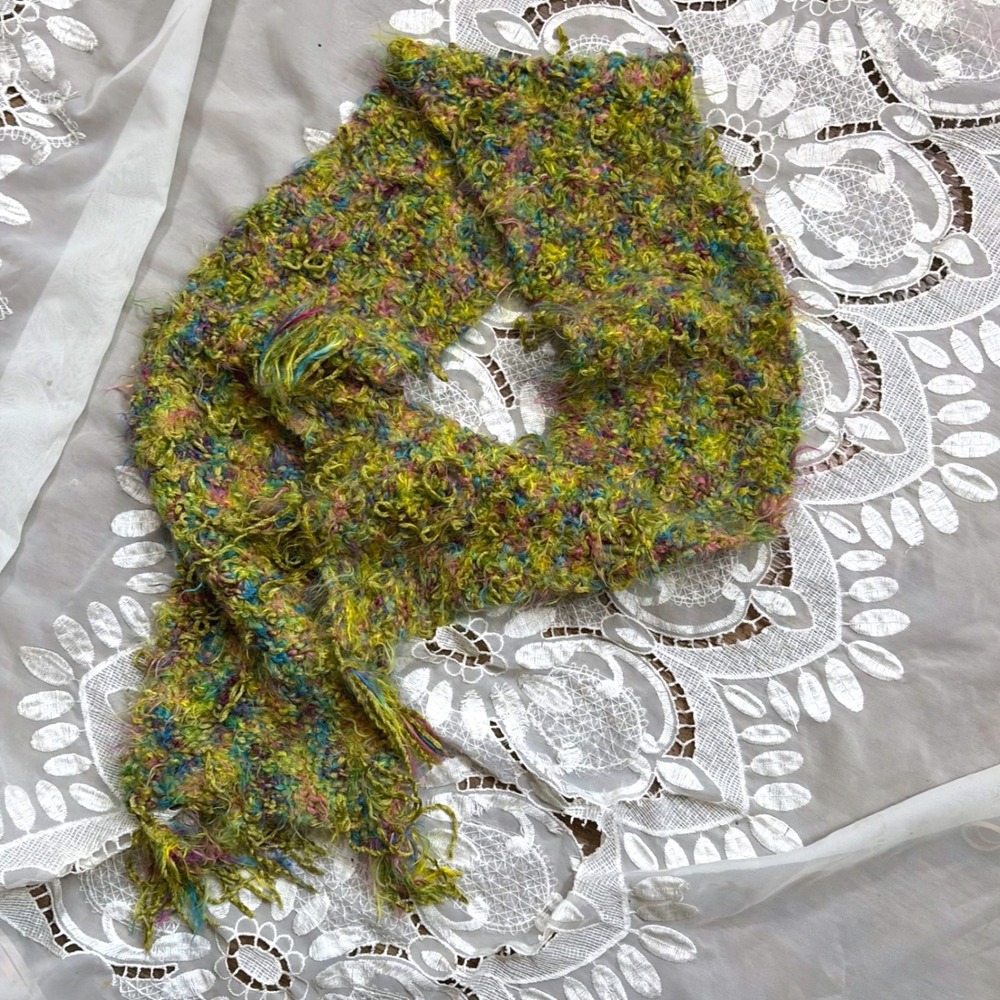 Fairy Boho Chunky Knit Eyelash Yarn Scarf Multicolor Green Tassel Fringe 50in